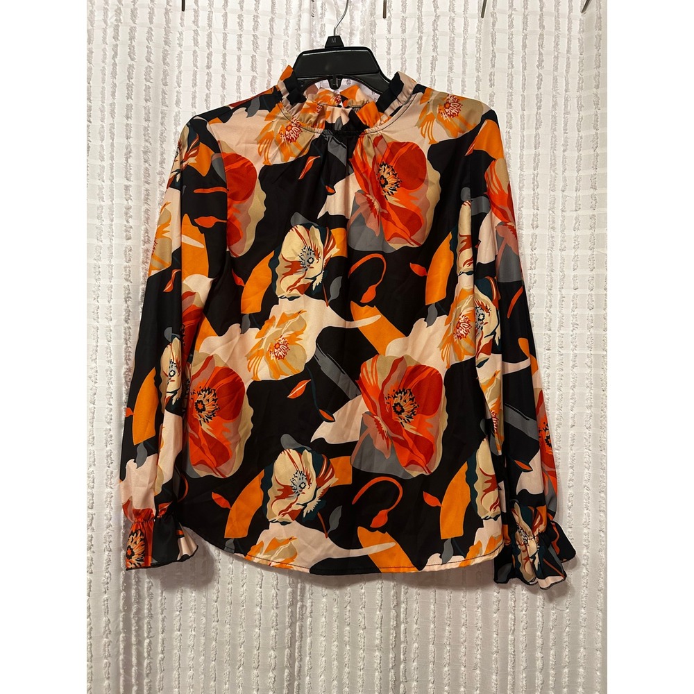 Women Floral High Ruffle Neck Long Sleeve Blouse Orange Black Size S